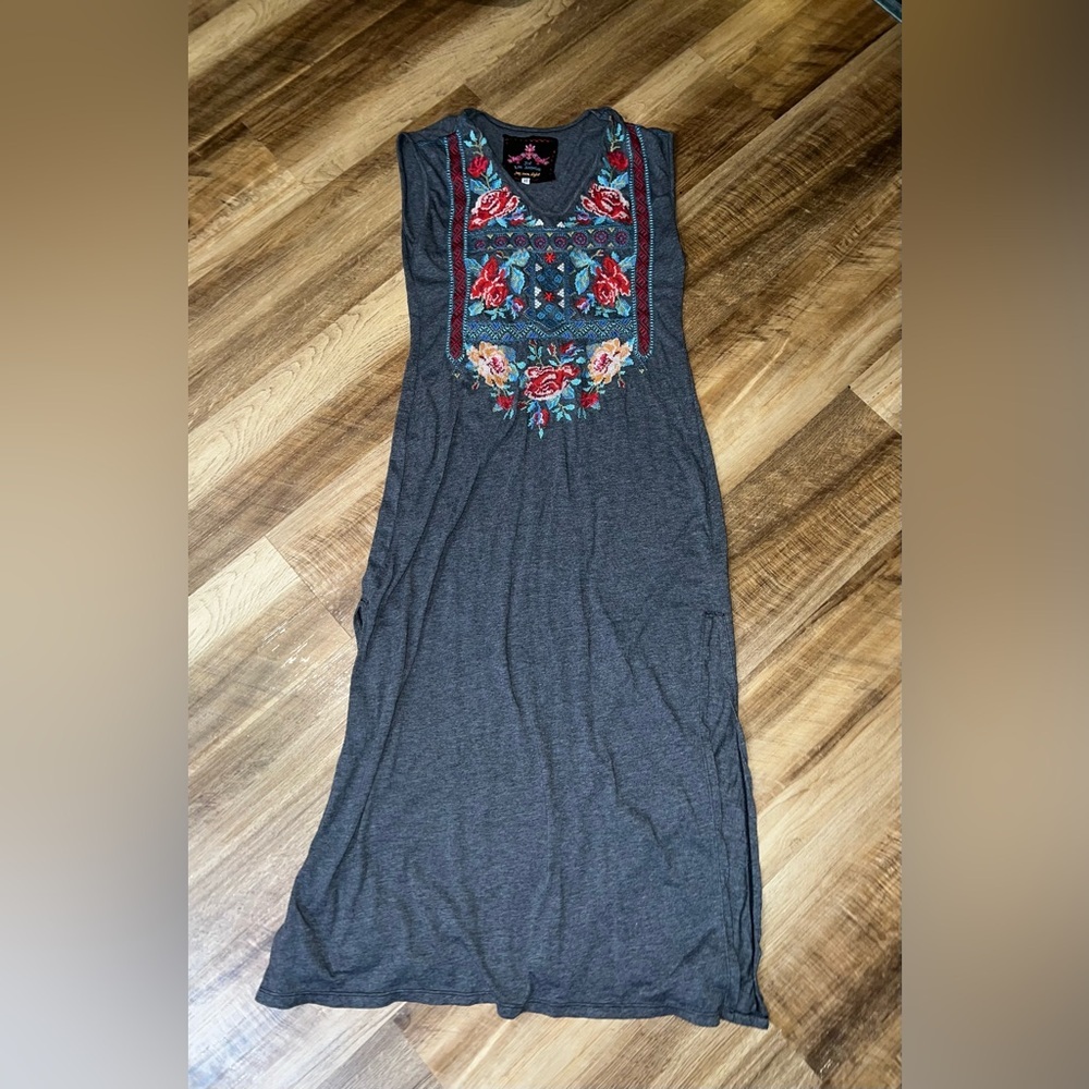 Johnny Was Floral Embroidered Gray Cotton Dress